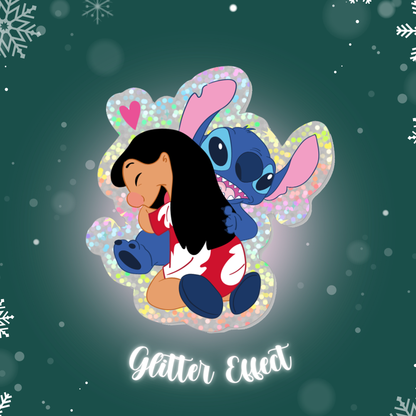 Cartoon characters hugging with a glittery effect on a dark green background with snowflakes.