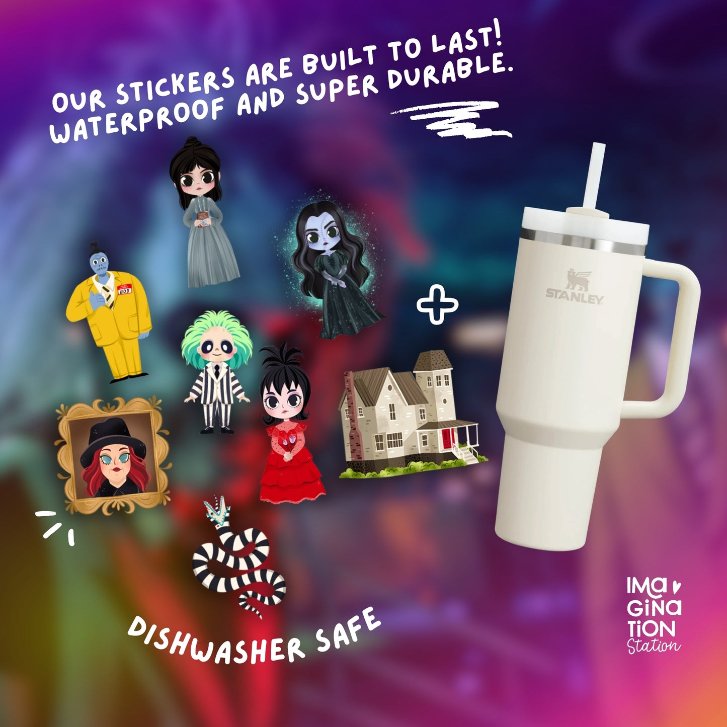 Beetlejuice Personalized 40oz Tumbler with Sticker Set - Waterproof Glow in the Dark