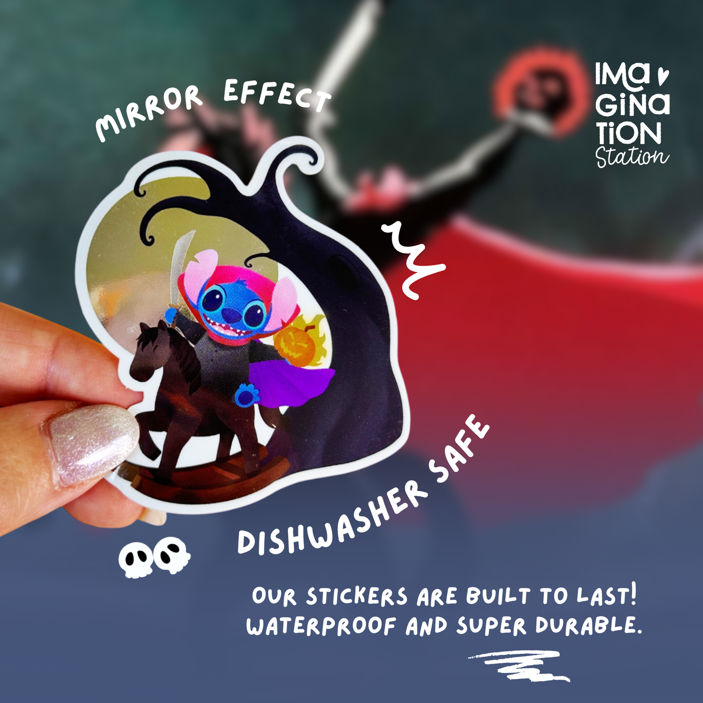 Halloween Stitch Mirror Effect Sticker - Spooky Reflective Decal