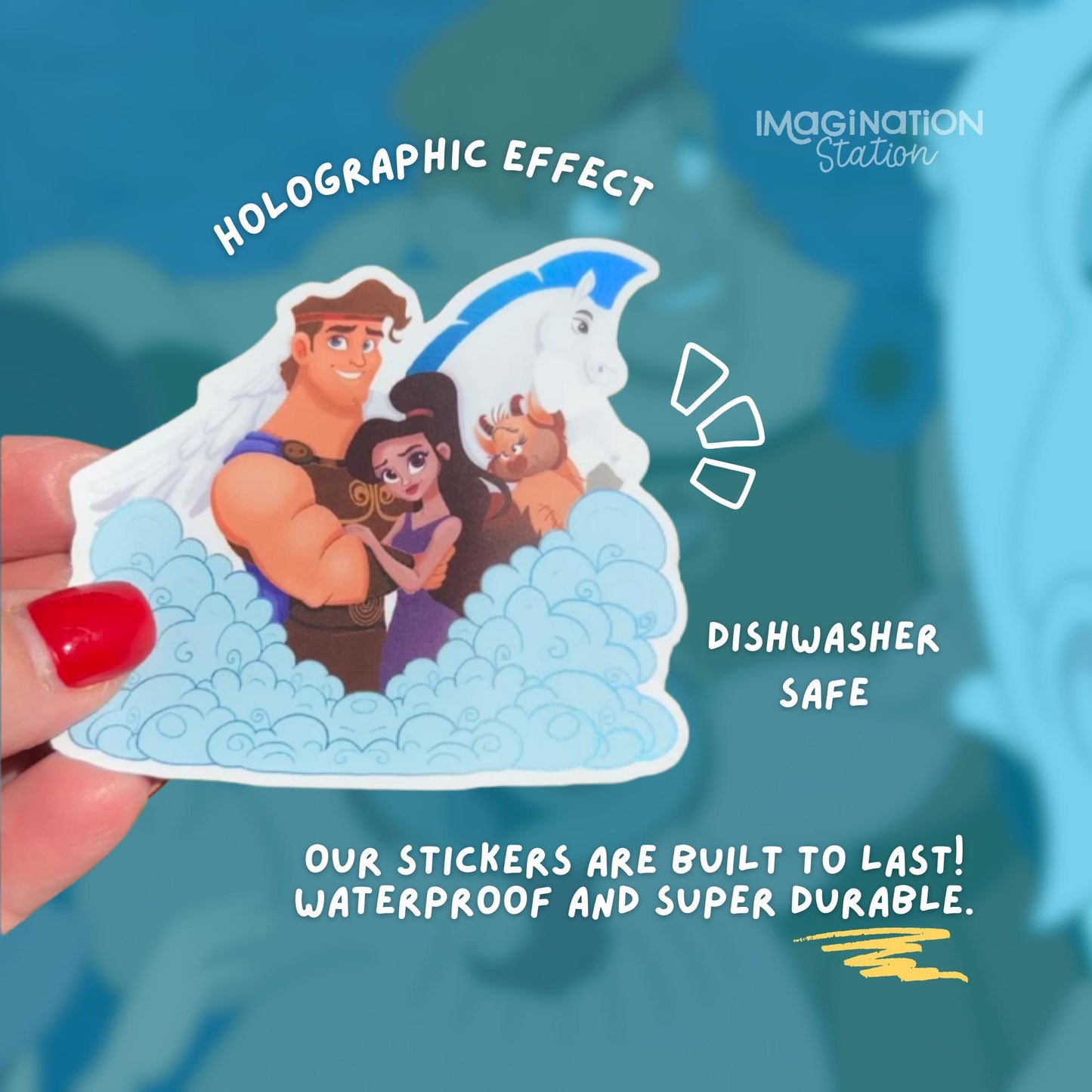Hercules Matte Vinyl Sticker | Waterproof Holographic 3”x2.8” | Disney Meg Pegasus Phil Sticker for Laptop, Water Bottle, Car, Journal