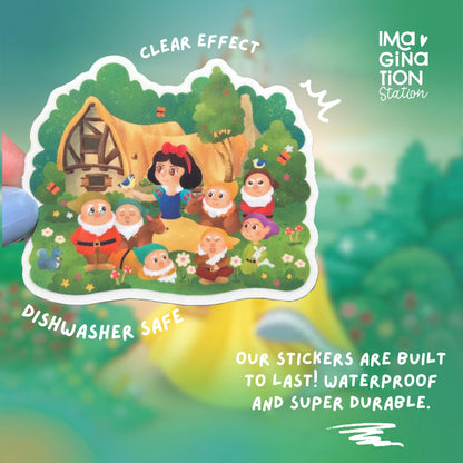 Snow White Sticker Clear Glossy Vinyl Seven Dwarfs Princess Forest Cottage Laptop Water Bottle Fairytale Scene Disney Gift Decal for Fans
