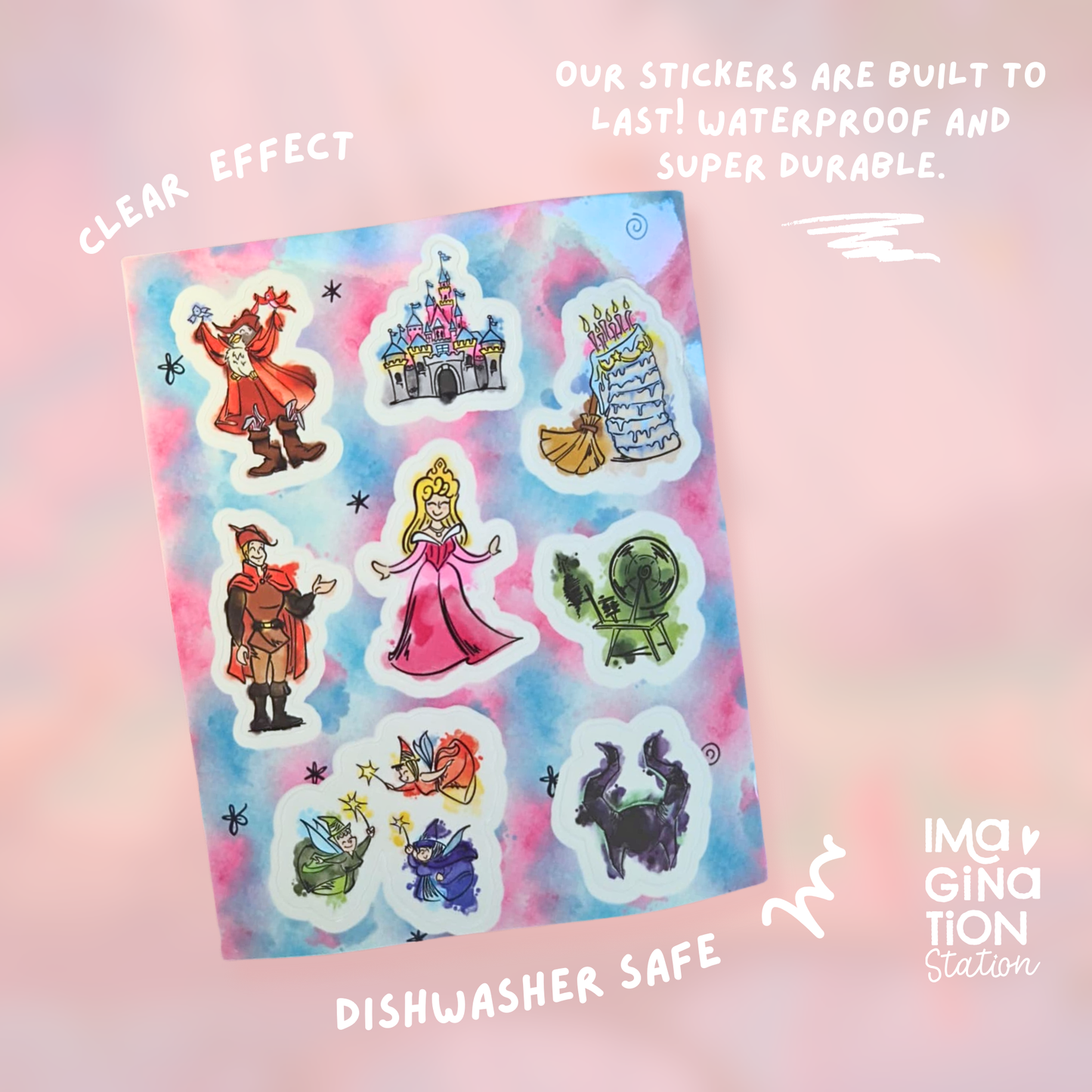 Sleeping Beauty Sticker Sheet - Waterproof Clear Glossy Effect