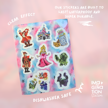 Sleeping Beauty Sticker Sheet - Waterproof Clear Glossy Effect
