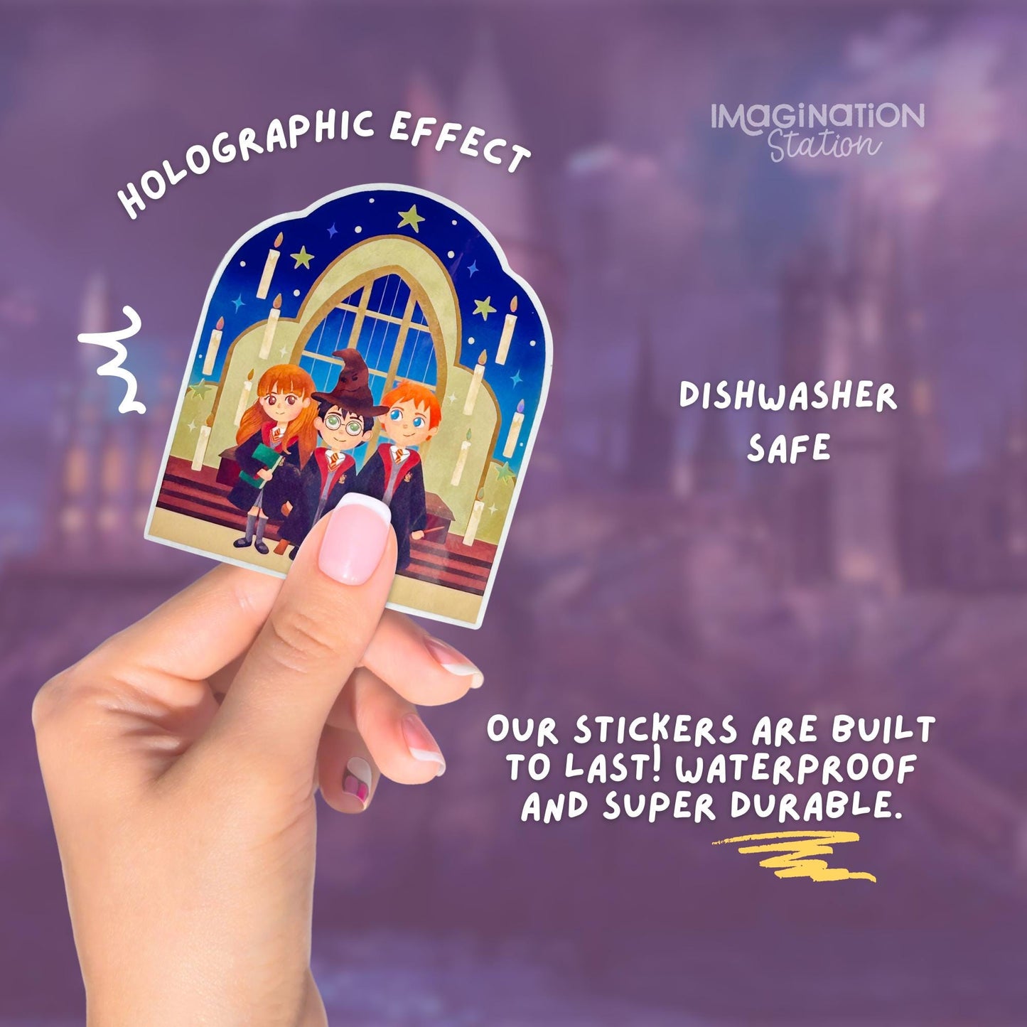 Harry Ron Hermione Vinyl Sticker | Waterproof Holographic Glossy | Wizard Trio Decal for Laptop, Water Bottle, Journal