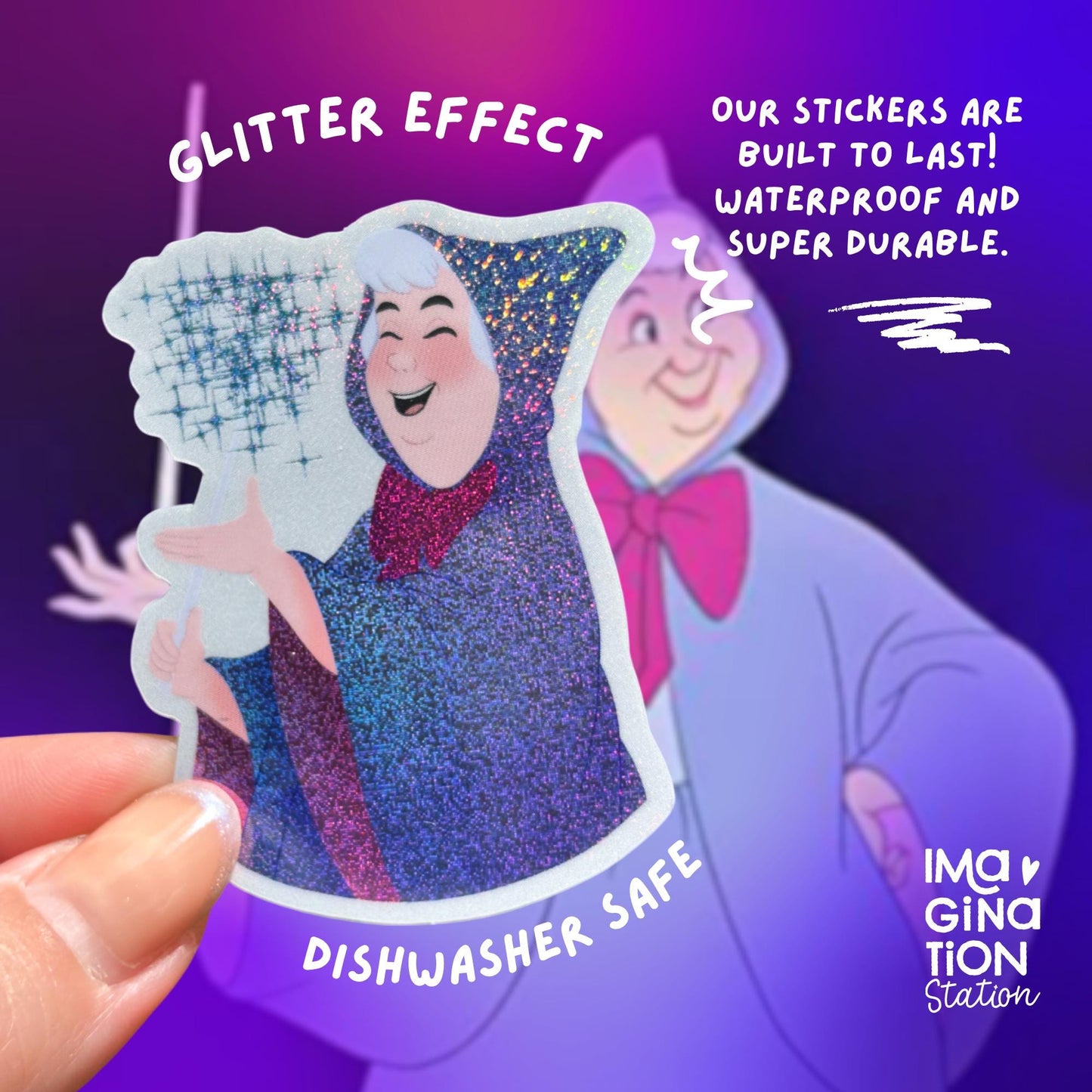 Fairy Godmother Sticker, Cinderella Vinyl Decal, Pixie Dust Glossy Waterproof Sticker, Magical Disney Sticker
