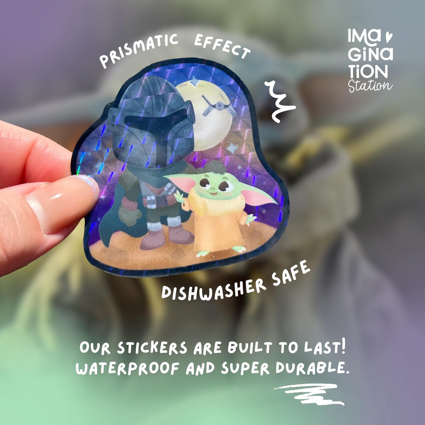Baby Yoda Sticker, Mandalorian Prismatic Glossy Vinyl, Star Wars Waterproof Decal, Laptop Water Bottle Tumbler Journal Sticker