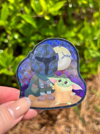 Baby Yoda Sticker, Mandalorian Prismatic Glossy Vinyl, Star Wars Waterproof Decal, Laptop Water Bottle Tumbler Journal Sticker