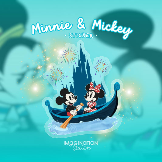Mickey & Minnie Gondola Ride Sticker – Clear Waterproof Vinyl – Romantic Disney Castle Fireworks Decal