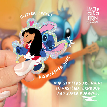 Lilo & Stitch Hug Glitter Sticker – Waterproof Vinyl Glitter Glossy Disney Ohana Decal for Water Bottles, Laptops & Tumblers