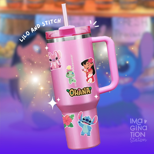 Lilo & Stitch Stanley Cup Tumbler 40oz with Straw + Waterproof Sticker Set – Disney Tropical Drinkware Gift