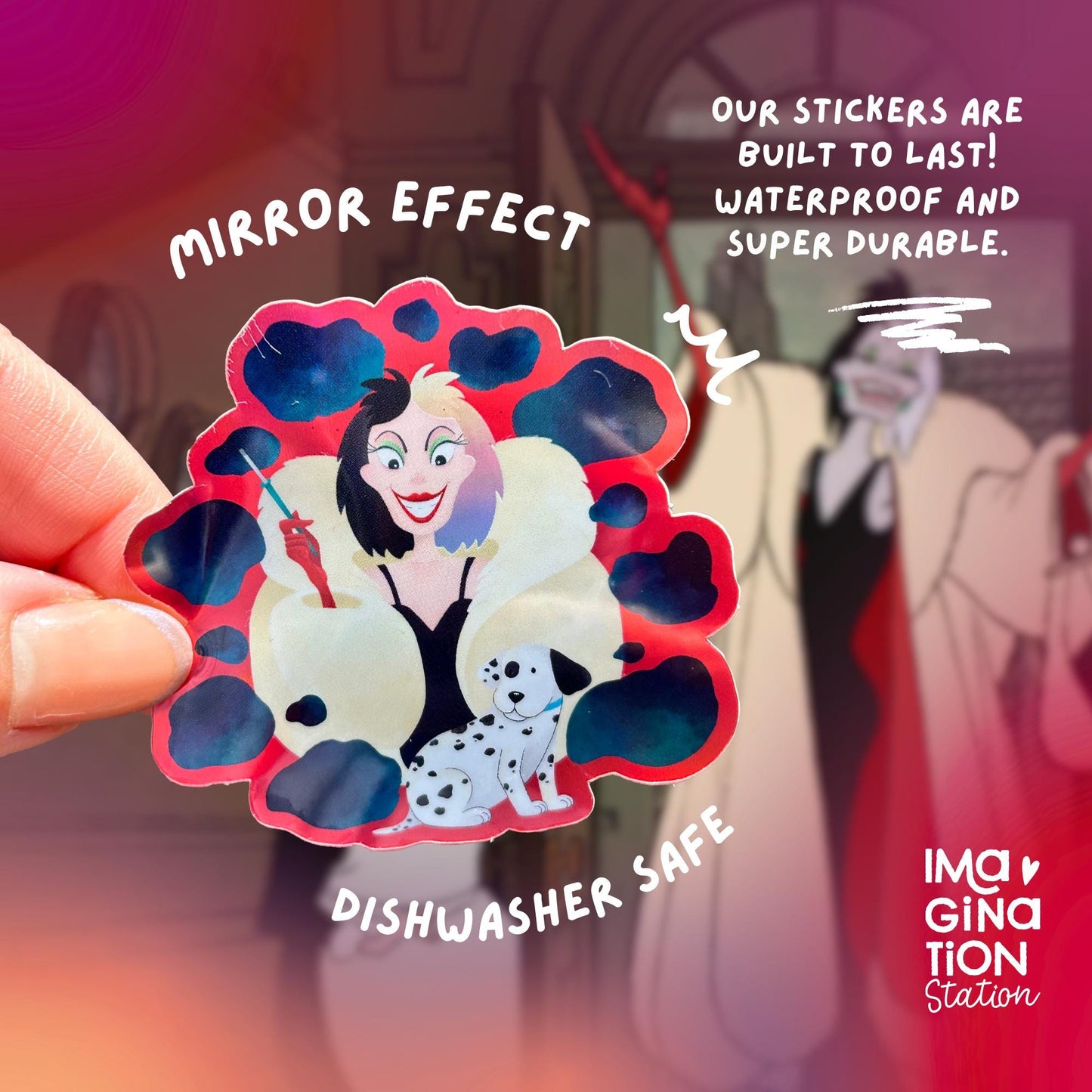 Cruella Sticker, Disney Villain Holographic Glossy Vinyl, 101 Dalmatians Cruella Waterproof Sticker, Laptop Water Bottle Tumbler Phone Notebook Decal