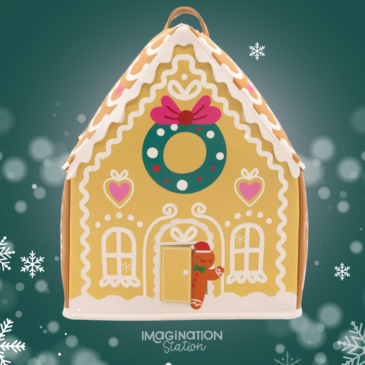 Gingerbread house-shaped bag with decorative elements on a snowy background
