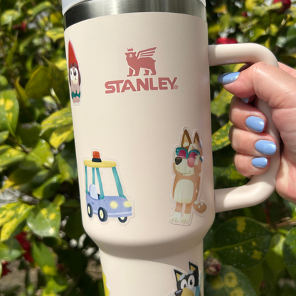 Bluey Tumbler Combo 40oz with Straw & Spring Sticker Set | Waterproof Bluey Stickers & Bonus Gift