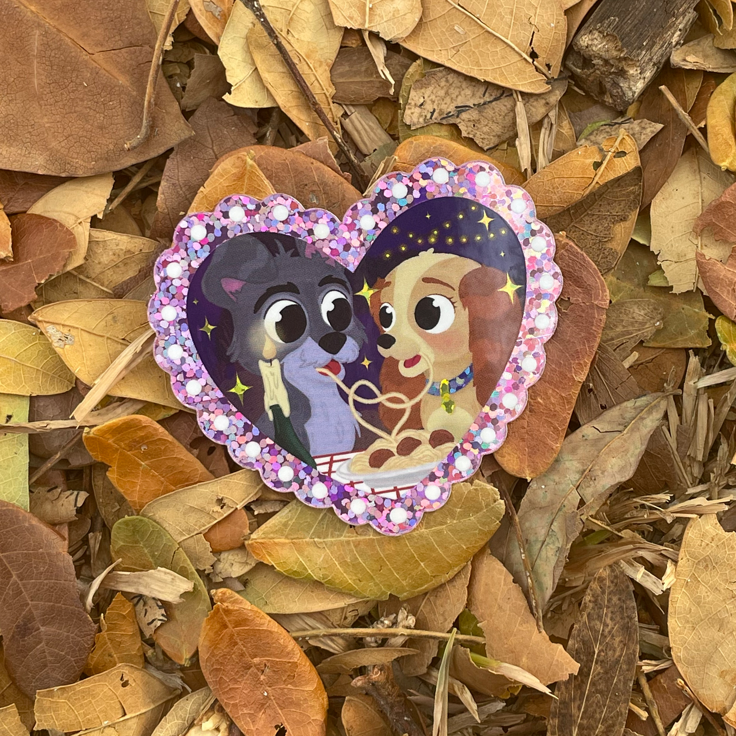 Lady & The Tramp Glitter Sticker – Waterproof Vinyl Decal for Laptop, Tumbler, Journal & Scrapbook