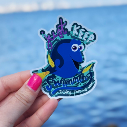 Dory Just Keep Swimming Sticker, Mirror Effect Vinyl, Finding Nemo Decal, Waterproof Inspirational Sticker