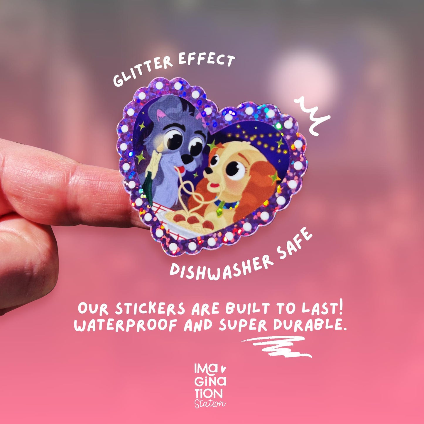 Lady & The Tramp Glitter Sticker – Waterproof Vinyl Decal for Laptop, Tumbler, Journal & Scrapbook