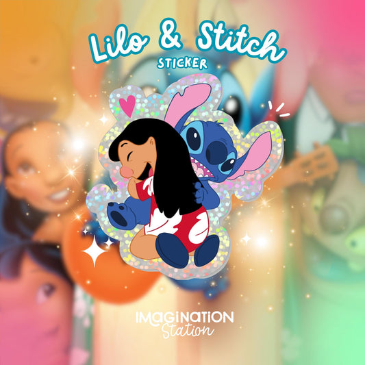 Lilo & Stitch Hug Glitter Sticker – Waterproof Vinyl Glitter Glossy Disney Ohana Decal for Water Bottles, Laptops & Tumblers
