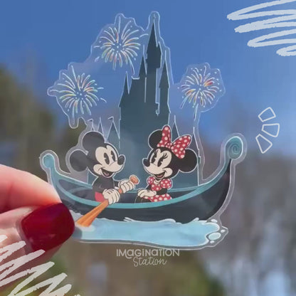 Mickey & Minnie Gondola Ride Sticker – Clear Waterproof Vinyl – Romantic Disney Castle Fireworks Decal
