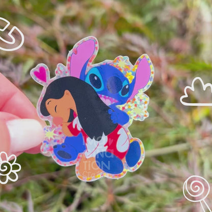 Lilo & Stitch Hug Glitter Sticker – Waterproof Vinyl Glitter Glossy Disney Ohana Decal for Water Bottles, Laptops & Tumblers