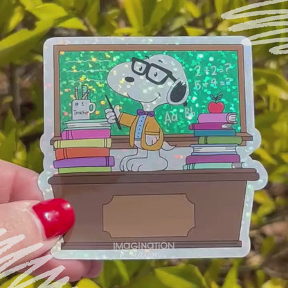 Snoopy Teacher Sticker, Glitter Glossy Waterproof Vinyl, Cute Peanuts Beagle Chalkboard Teacher Appreciation Gift, Laptop Water Bottle School Sticker
