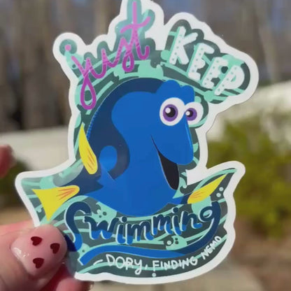 Dory Just Keep Swimming Sticker, Mirror Effect Vinyl, Finding Nemo Decal, Waterproof Inspirational Sticker