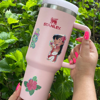 Lilo & Stitch Stanley Cup Tumbler 40oz with Straw + Waterproof Sticker Set – Disney Tropical Drinkware Gift